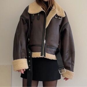 Zara Brown Leather Jacket with Cream Shearling - no belt!